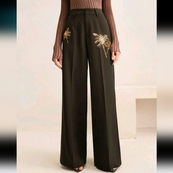 Straight-Leg Gold Palm Tree Beaded High Waisted Pants, New Year's Women - Picture 4 of 5